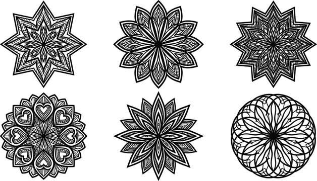 Black mandala flower vector set, oriental silhouette stars for vintage bohemian ethnic tattoo design