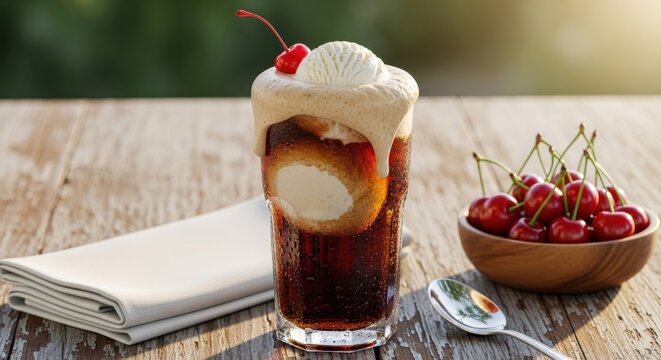 Rich Root Beer Float with Vanilla Ice Cream and Cherry Garnish on a Wooden Table Outdoors