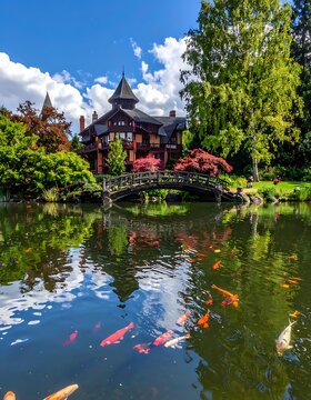 A serene pond with koi fish and a traditional house