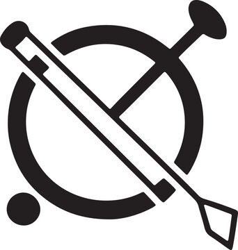 Abstract circular icon with cross shapes and an oboe like instrument and a mallet or small stick passing through