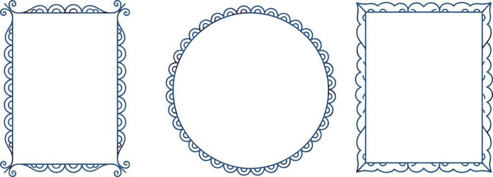Simple hand drawn doodle frames vector set, decorative blue circle and rectangle borders on white