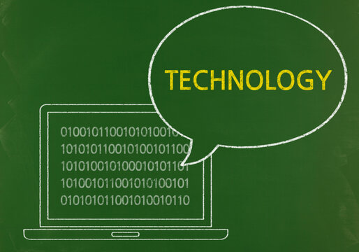 Laptop on green chalkboard with technology speech bubble and binary code