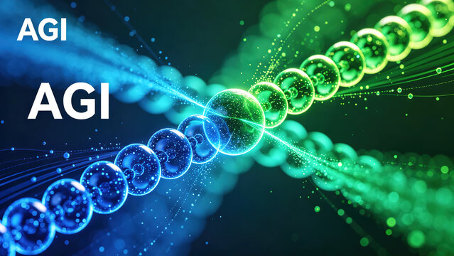 AGI adiabatic quantum computation, the text "AGI", adiabatic quantum computation of the Hamiltonian evolution from the initial state to the ground state, and visualization of energy level crossover.