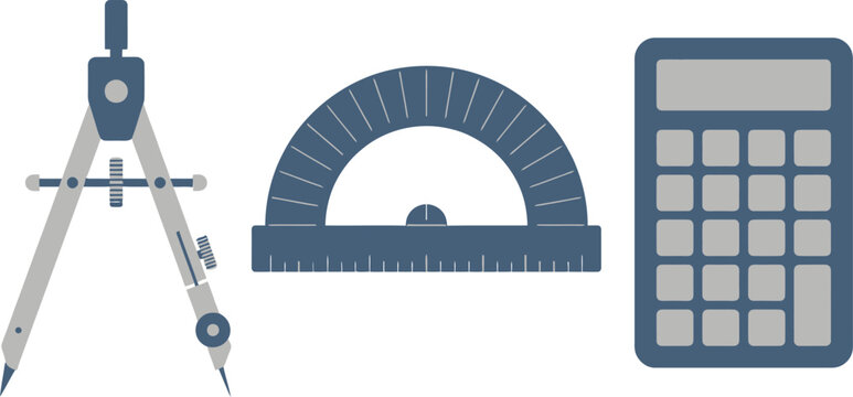 Comprehensive set of educational mathematics tools, showcasing a geometry compass, angle protractor, and a functional digital calculator, essential for academic learning