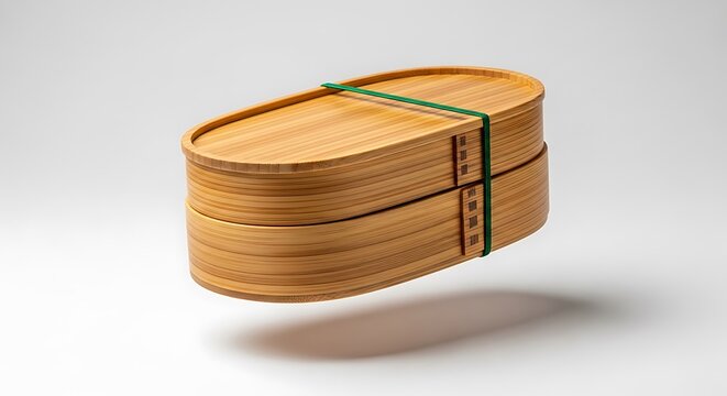 Wooden bento box with two layers and a green elastic band. reusable bamboo bento