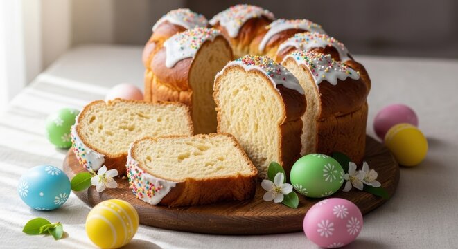 Delicious Easter Bread Cakes Decorated With Frosting And Sprinkles Surrounded By Colorful Eggs