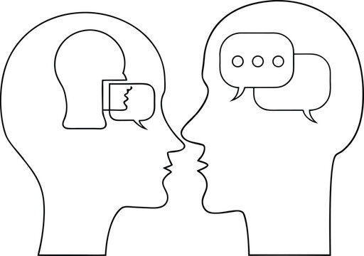 Profile heads of two people talking with thought bubbles and speech balloons in continuous.