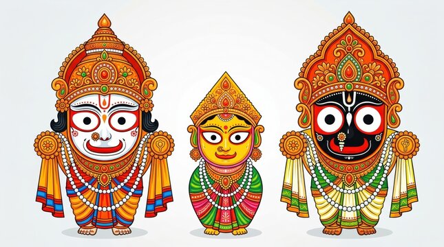Colorful of hindu deities jagannath balabhadra and subhadra with ornate gold crowns hinduism