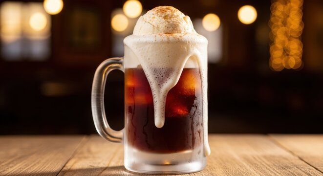 Rich Root Beer Float Overflowing with Creamy Ice Cream and Frothy Foam in a Frosted Mug