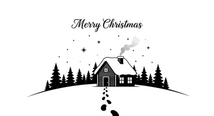 Obraz premium Merry Christmas Scene With Snowy Cabin, Forest, and Footprints