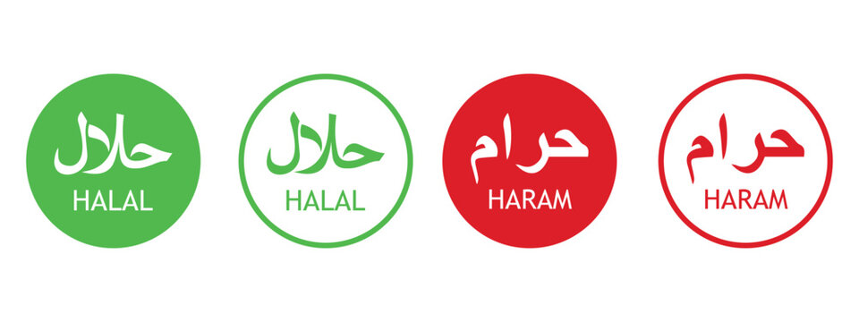Halal and Haram Certified Label Set &ndash; Ramadan Food Icon, Approved Product Packaging Sign, Simple Circle Certification Illustration