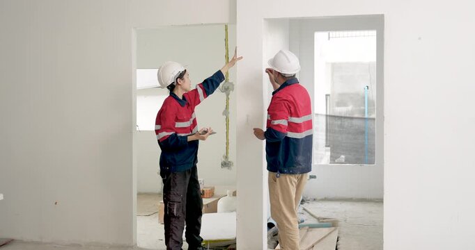 Asian female engineer with clipboard meets male supervisor near unfinished wall, sharing construction document review, workplace safety planning, and building project progress coordination indoors.