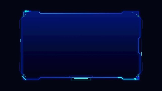 Futuristic neon blue HUD frame with glowing cybernetic elements and high tech interface border overlay on a dark background