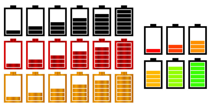 Battery Level Indicator Icon Set Collection for Mobile Apps, UI Design, Technology Dashboards, Energy Monitoring and Infographics