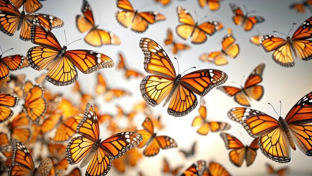 Orange monarch butterflies flutter gracefully on white background