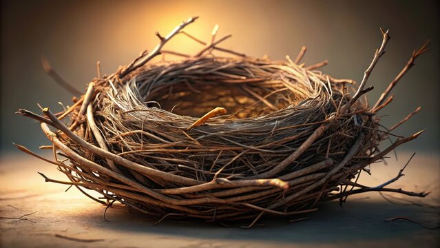 Rustic bird nest made of twigs sits on neutral background