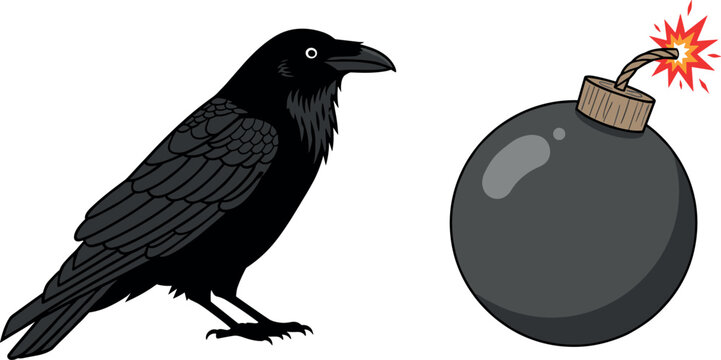Dark Cartoon Set with Black Crow Raven Bird and Round Lit Fuse Bomb in Flat Vector Illustration Style