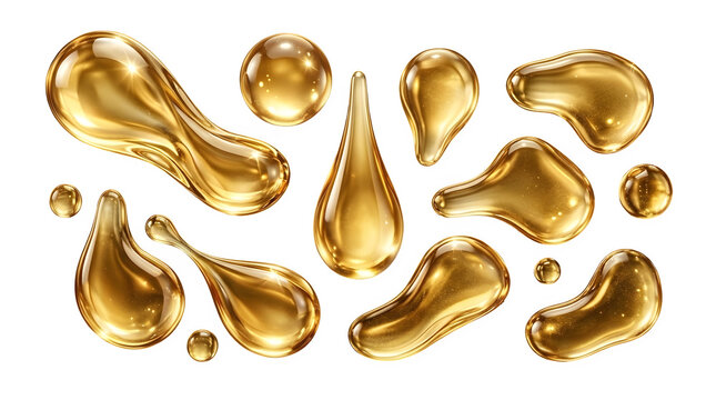 Set of golden oil drops or cosmetic serum capsules isolated on transparent background