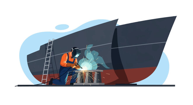 Vector illustration of a professional shipyard worker wearing a welding mask and protective gear while welding steel components near large ship hulls in a dry dock facility.