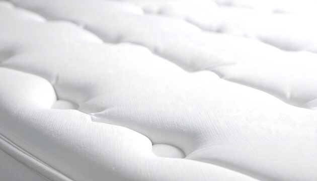 Close up of a white quilted mattress surface with tufted detailing and soft, plush texture