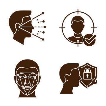 Set of facial recognition and biometric security icons with recognition