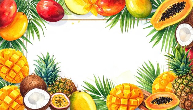 Fresh Tropical Fruit Frame Photo, Assortment of Pineapple, Papaya, and Coconut Bordering a Blank Center, Exotic Summer Food Concept, Healthy Living Backdrop for Menus, Recipes, and Advertising