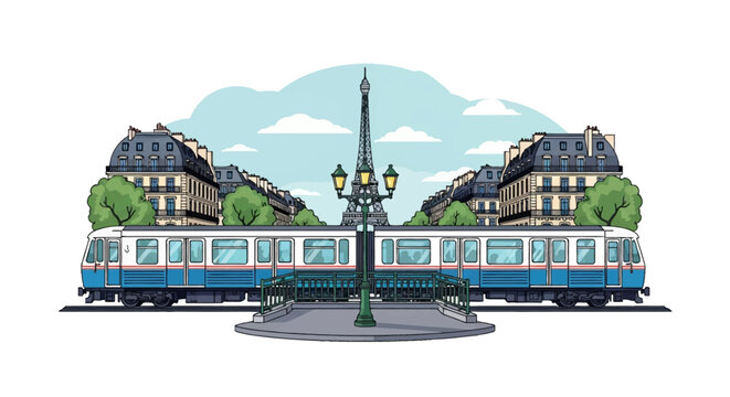 Vector illustration of a Parisian metro train at an outdoor station platform featuring a green street lamp, classic Haussmann buildings, and the Eiffel Tower under a cloudy blue sky.