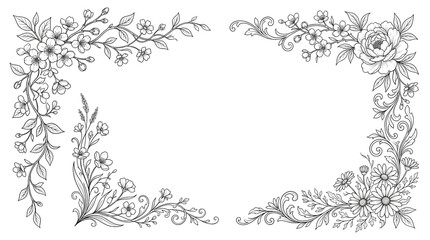 Fototapeta premium Vintage floral corner borders, hand drawn botanical line art frames, elegant black and white flower sketches for wedding invitations and stationery isolated PNG with Transparent Background