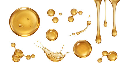 Plakat Set of golden liquid drops, honey splashes and oil bubbles isolated on transparent background
