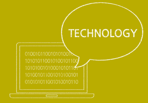 Laptop with binary code on screen and technology speech bubble on green background