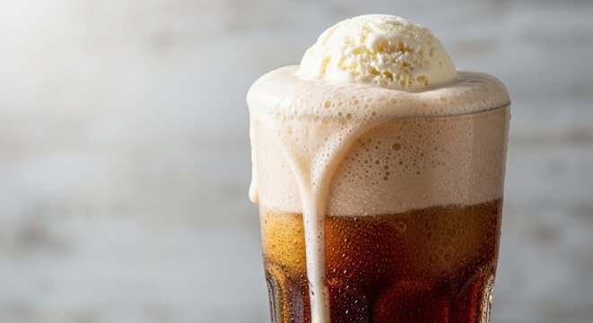 Creamy vanilla ice cream scoop melting into a frothy root beer float in a tall glass