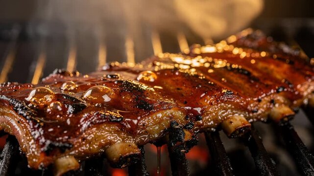 Delicious barbecue pork ribs cooking on a grill with smoky caramelized glaze and juicy texture