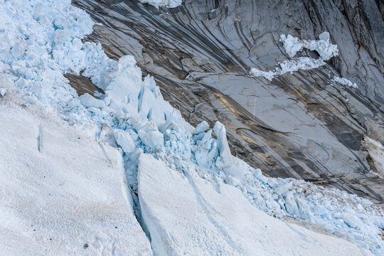 Close-Up of Glacial Ice Seracs and Crevasse Debris on a Coastal Glacier in BC, Canada