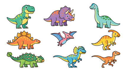 Cute Cartoon Dinosaurs Collection: Tyrannosaurus, Triceratops, Stegosaurus, Brontosaurus, Pterodactyl © Herukloro