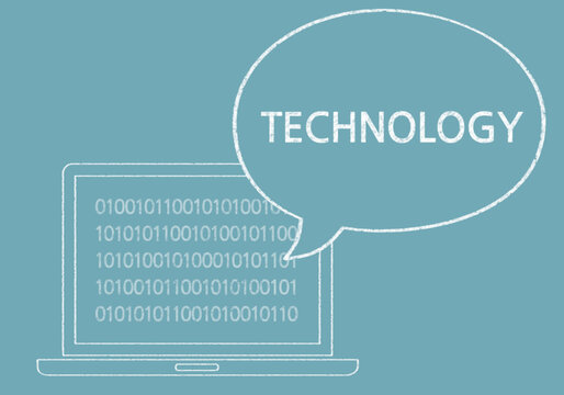 Laptop with binary code on screen and technology speech bubble on teal background