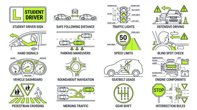 Driving School Icons: Road Safety, Traffic Rules, Car Controls & Navigation