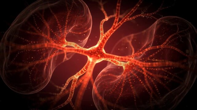 Detailed visualization of a glowing neuron with electric impulses and synaptic connections in a dark background