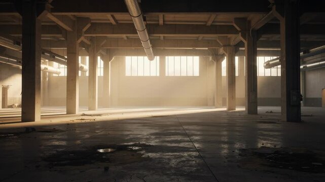 Empty industrial warehouse interior with sunlight streaming through large windows and concrete pillars