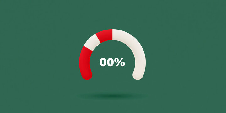 A loading bar graphic with zero percent complete. The bar is a semi-circle with red and white segments, set against a green background