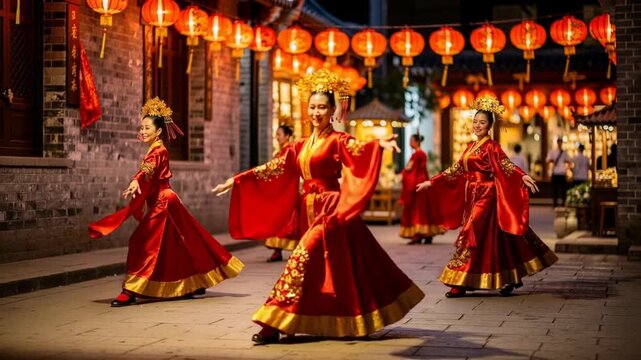 Traditional Chinese dance performance with women in red silk costumes under glowing red lanterns at night