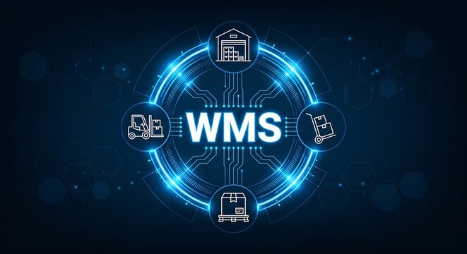 WMS Warehouse management system concept for software solutions designed to optimize and manage warehouse operations efficiently social network concept on blue background