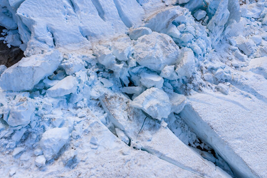 Close-Up Of Glacier Ice Formation And Snowfield On Mountain Slope In BC, Canada