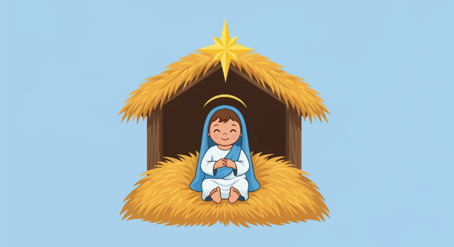 Cute vector illustration of a smiling baby Jesus sitting in a straw-covered stable with a golden Bethlehem star on the thatched roof, isolated on a light blue background.