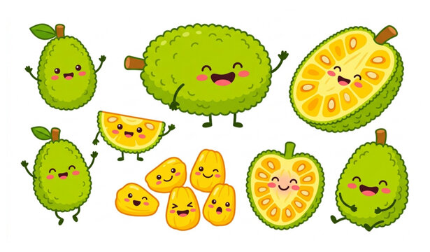 Cute cartoon jackfruit character collection tropical fruit vector illustration isolated on white