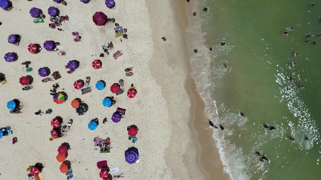Arpoador, Arpoador Beach, Rio de Janeiro, Rio de Janeiro Brazil, Brazil, aerial view, drone footage, drone shot, aerial photography, beach, crowded beach, busy beach, beachgoers, tourists, tourism, tr