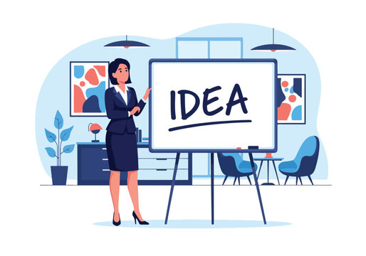 Flat style vector illustration of a businesswoman presenting a creative idea on a whiteboard in a modern office, symbolizing innovation, brainstorming, leadership, and strategic planning