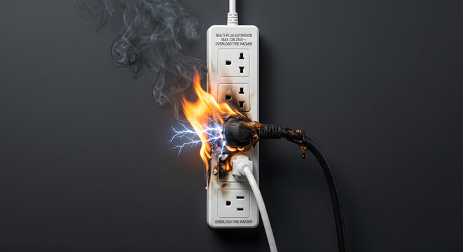 Overloaded extension cord sparks and burns in power strip fire hazard danger.