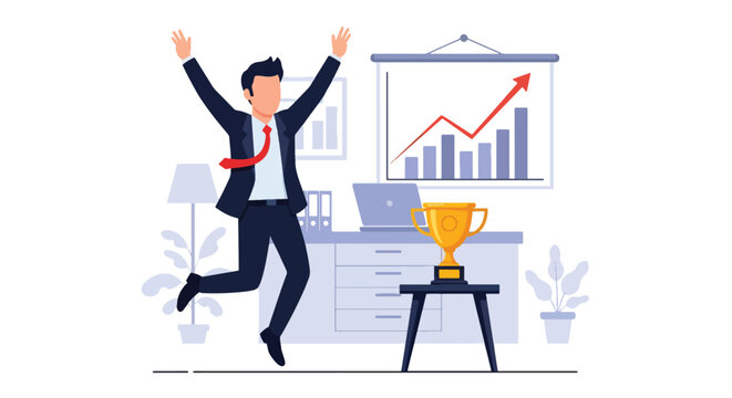 Flat style vector illustration of a successful businessman celebrating achievement in a modern office with growth charts, awards and positive results