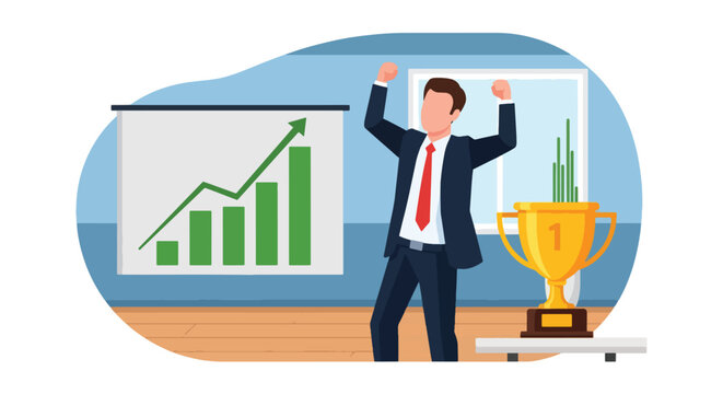 Flat style vector illustration of a successful businessman celebrating achievement in a modern office with growth charts, awards and positive results