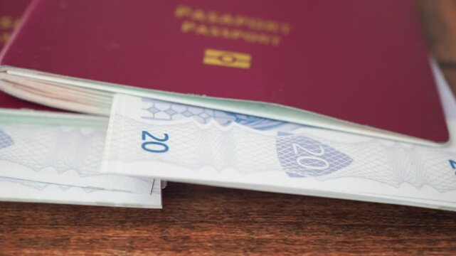Travel preparation with passport and money on wooden table